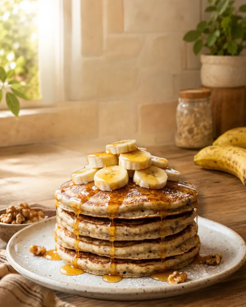 Stack of banana millet pancakes served on a plate
