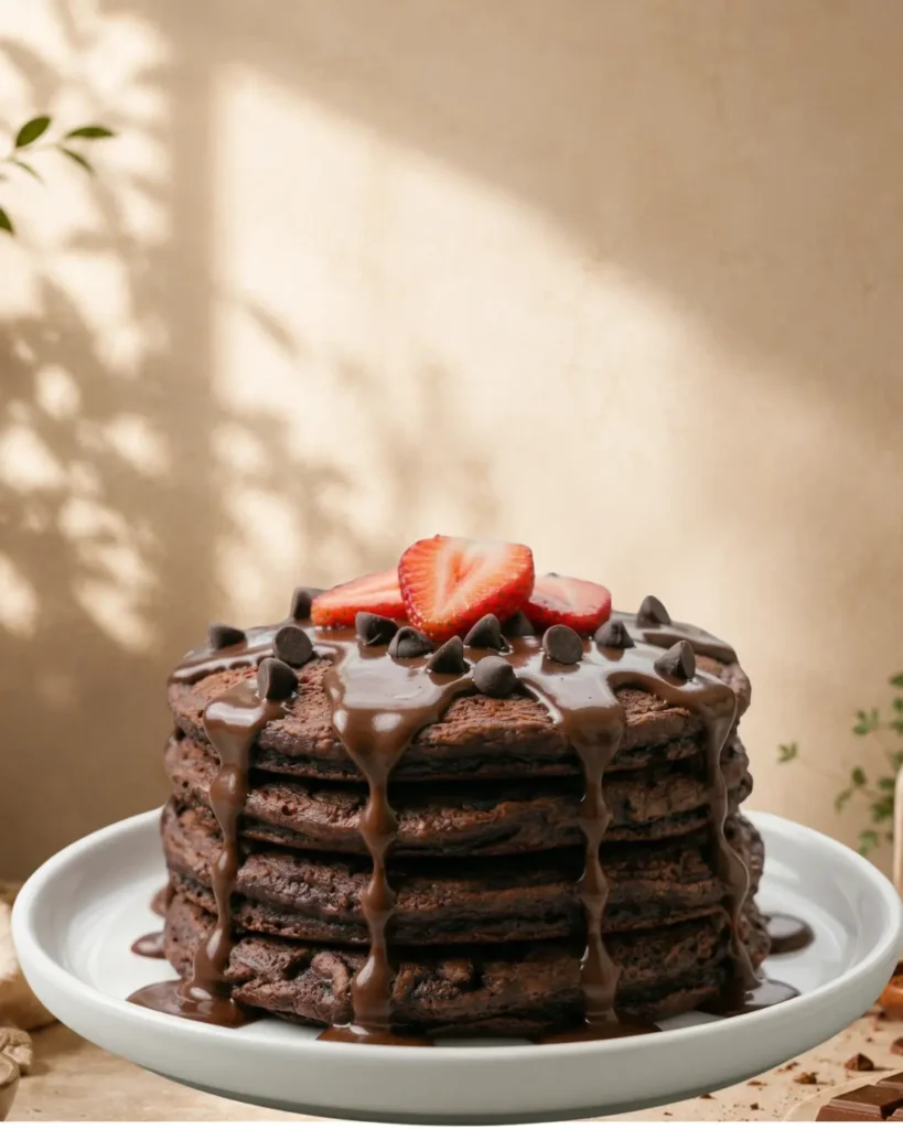 Stack of chocolate millet pancakes topped with chocolate