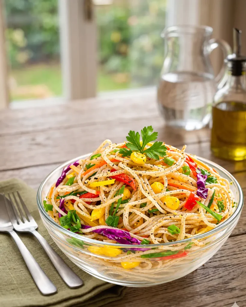 Bowl of cooked Multi-Millet Noodles with vegetables