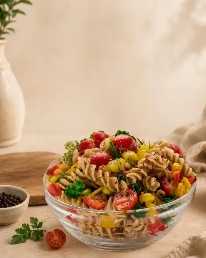 Bowl of Whole Wheat Pasta with vegetables and herbs